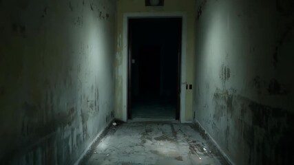 Dark and eerie hallway with vintage lighting in an abandoned building at night