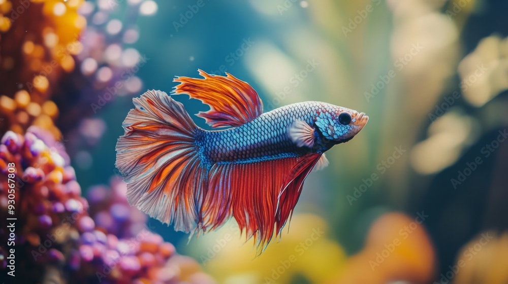 Poster close-up of a betta fish with a unique and colorful pattern, swimming gracefully amidst colorful aqu