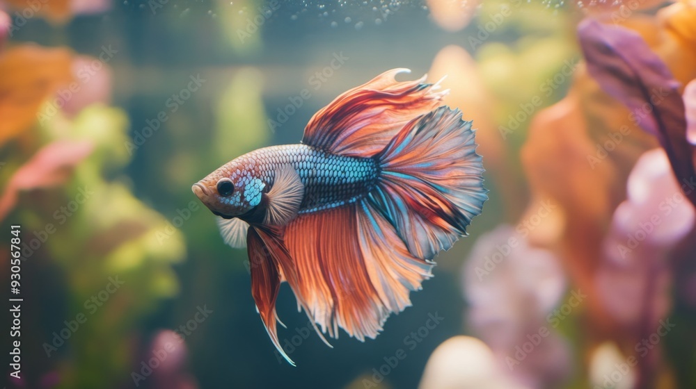 Poster close-up of a betta fish with a unique and colorful pattern, swimming gracefully amidst colorful aqu