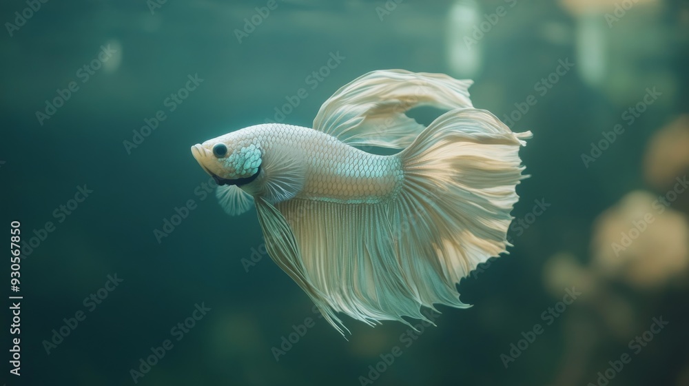 Poster close-up of a betta fish with iridescent scales and long, flowing fins, captured in a peaceful aquar