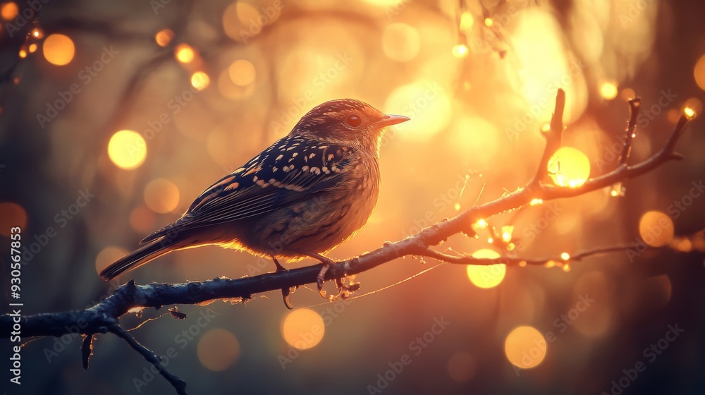 Poster Close-up of a bird with detailed feather patterns, perched on a branch, with a background of softly glowing lights adding depth and a magical feel to the scene.