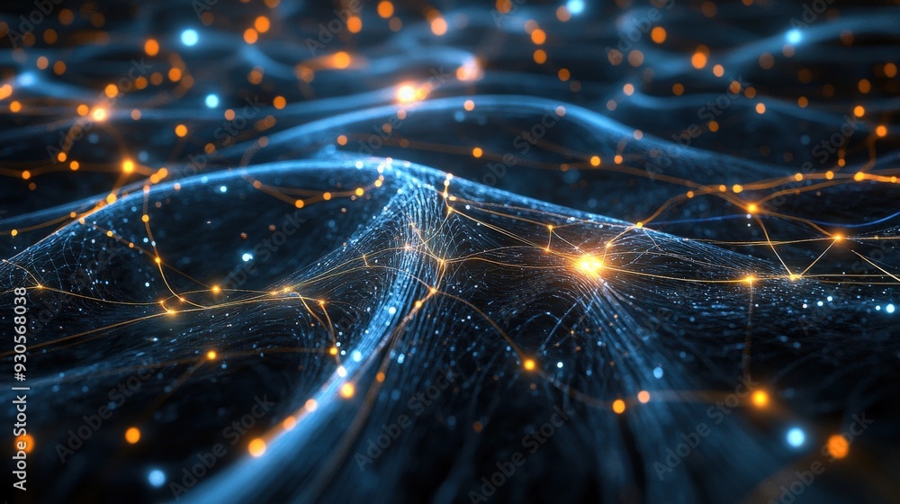 Poster a vibrant quantum network illuminated by glowing particles and flowing waves showcases connectivity 