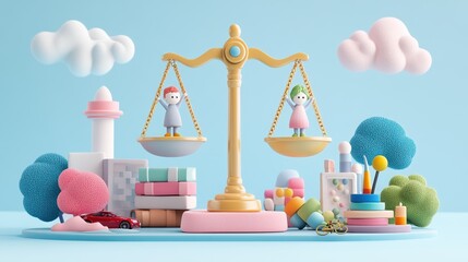 Playful balance scale with whimsical characters amidst colorful toys and clouds, symbolizing fairness and harmony in a creative setting.