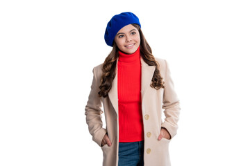 Best fashion trend for this autumn. Style fashionable girl. Teen girl wearing fall coat isolated white. Girl in stylish autumn coat. Fall fashion style. Teen trend for autumn season. Personal style