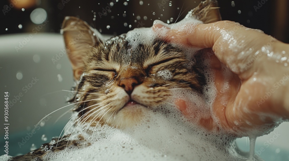 Poster close-up of a cat being bathed in a bathtub, with foam and water droplets on its fur, and a hand gen