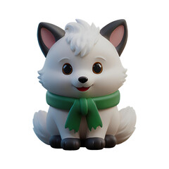 A chibi 3D Snow Fox with a large head, big eyes, and white fur, wearing a Christmas-themed scarf. The background is transparent, making it perfect for Christmas-themed projects.
