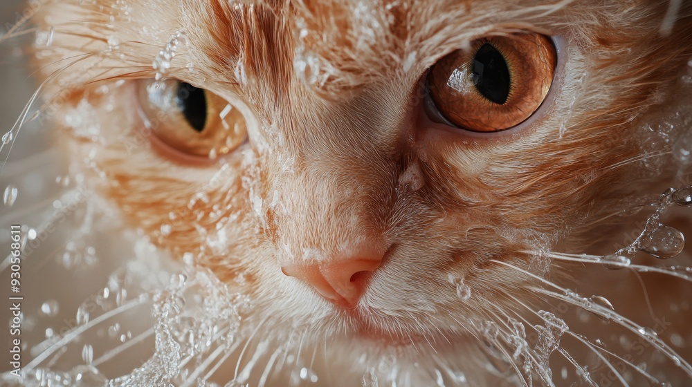 Poster Close-up of a cat's face with its fur wet and slick from a bath, showing its expression and the water droplets on its fur in sharp detail.