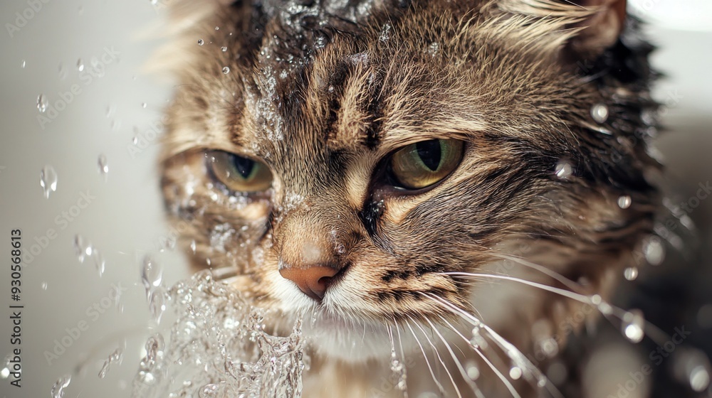 Poster close-up of a cat enjoying a bath, with water droplets on its fur and a content expression, showing 