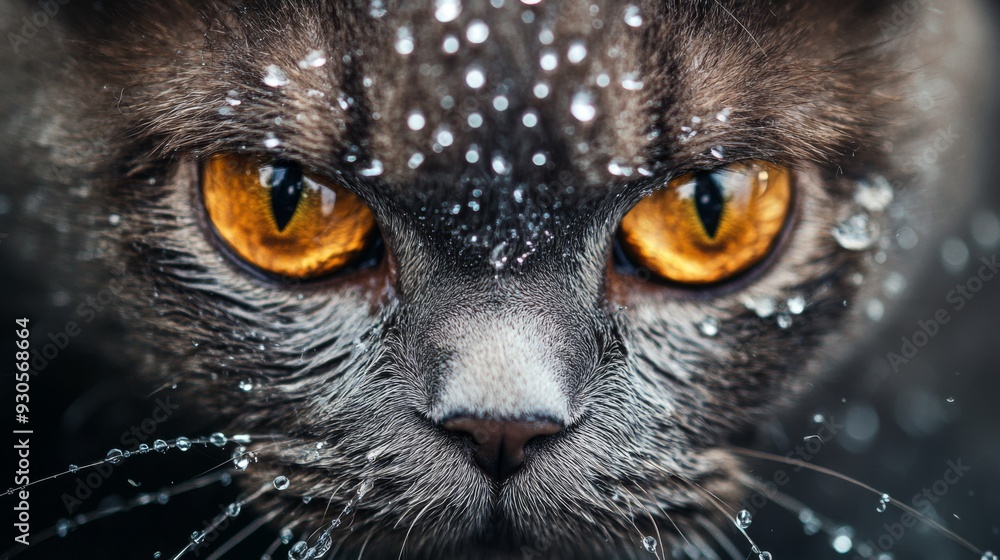Poster Close-up of a cat's face with its fur wet and slick from a bath, showing its expression and the water droplets on its fur in sharp detail.