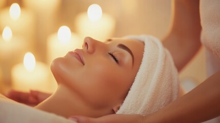 Tranquil Spa Experience: Client Enjoying Neck Massage in Serene Setting with Candles and Relaxing Decor, Therapist's Hands in Focus.