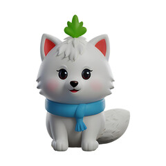 A chibi 3D Snow Fox with a large head, big eyes, and white fur, wearing a Christmas-themed scarf. The background is transparent, making it perfect for Christmas-themed projects.