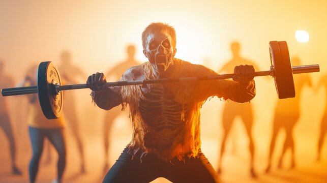Spooky Halloween Fitness Class with Zombie Instructor Leading Barbell Workout Session, Fun Group in Costume - Front View Shot with Text Space
