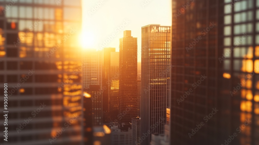 Poster close-up of a city skyline with the sun setting between tall buildings, capturing the interplay of l