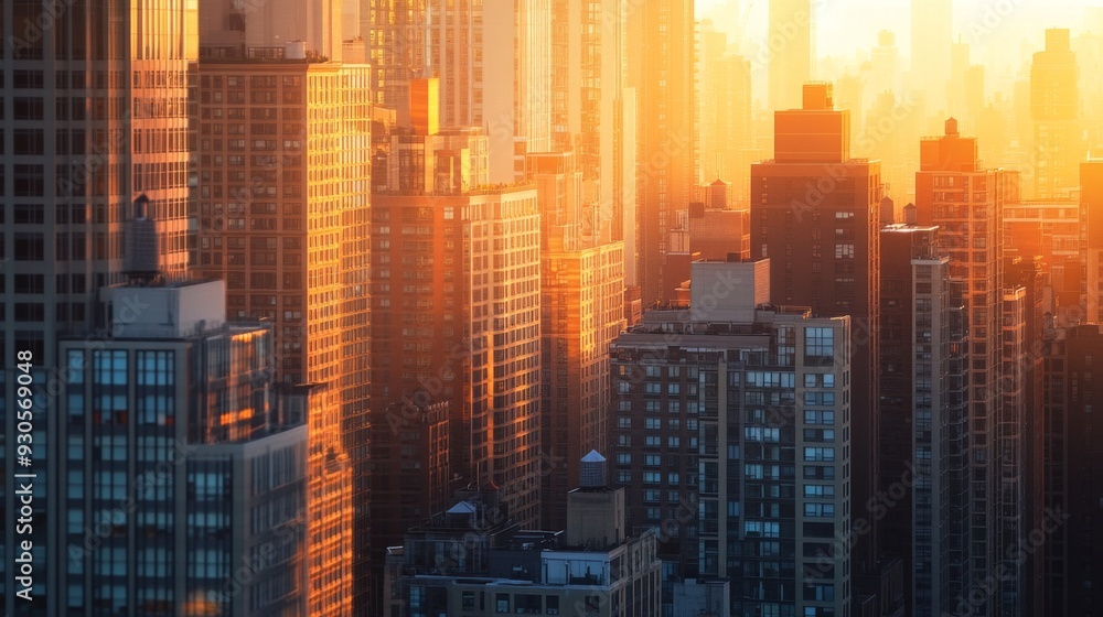 Poster close-up of a city skyline with the sun setting between tall buildings, capturing the interplay of l