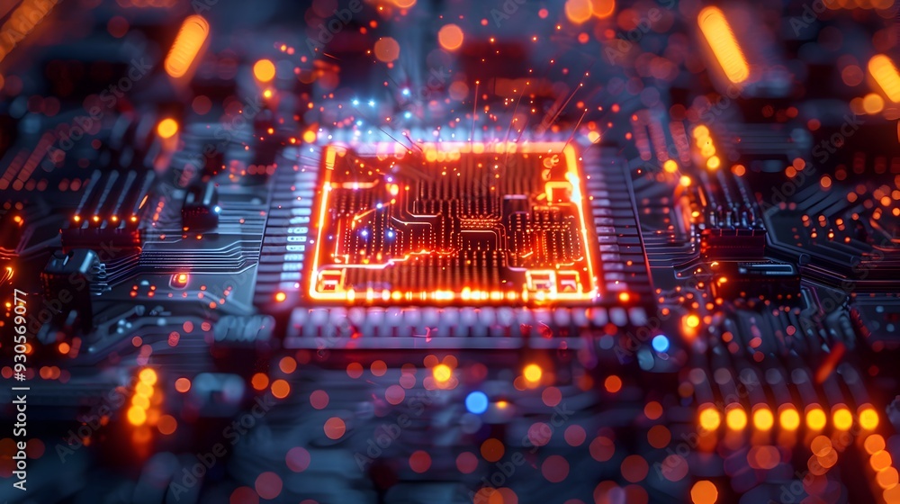 Poster futuristic quantum computer with floating holographic interfaces and neon lights cutting edge techno