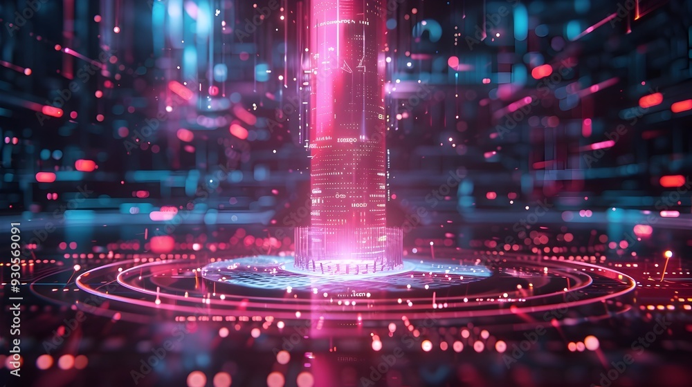 Aufkleber futuristic quantum computer with floating holographic interfaces and vibrant neon lights a vision of