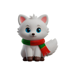 A chibi 3D Snow Fox with a large head, big eyes, and white fur, wearing a Christmas-themed scarf. The background is transparent, making it perfect for Christmas-themed projects.