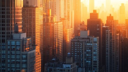 Close-up of a city skyline with the sun setting between tall buildings, capturing the interplay of light and shadows as day transitions to night.
