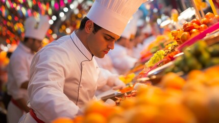 International Food Festival - Chefs in Colorful Costumes Cooking Dishes, Vibrant Market Stalls & Lively Atmosphere - Wide-Angle Shot