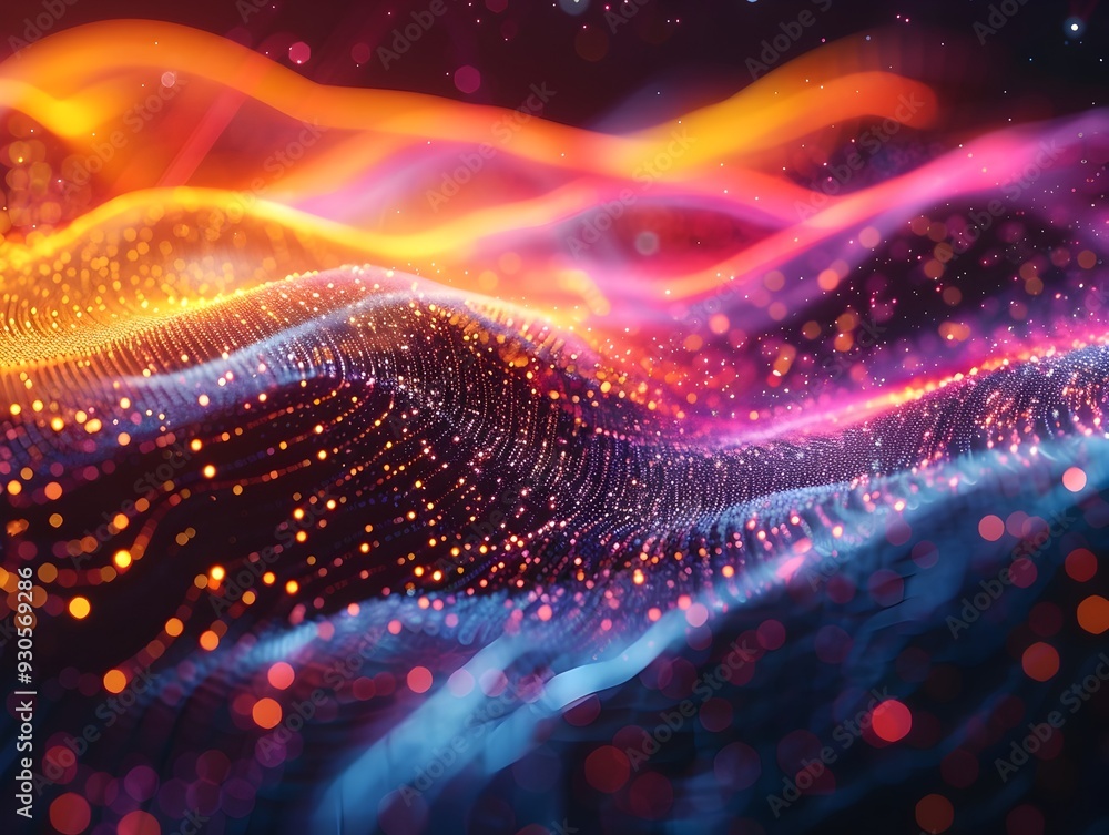Poster colorful flowing quantum data visualization in futuristic virtual space