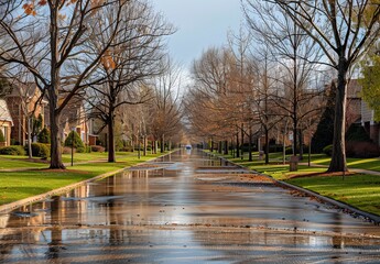 Obraz premium Suburban Street in Upscale Neighborhood Submerged in Water During Flood.