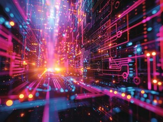 Fototapeta premium Cyberspace with intricate circuit lines, vibrant neon hues, wideangle view, detailed and abstract, hightech digital design