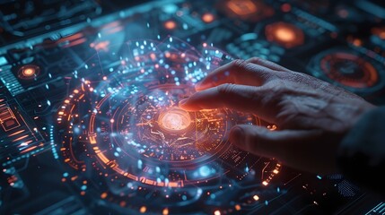 Futuristic Quantum Computer Interface with Holographic Controls and Data Visualizations