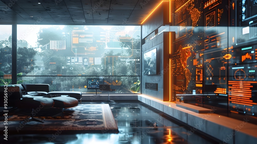 Poster futuristic quantum computer setup in modern home blending advanced technology and contemporary desig