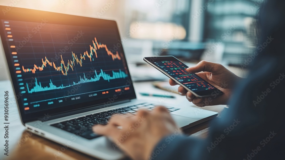 Aufkleber a financial advisor explaining stock market trends to a client, using charts and graphs in a modern 