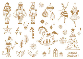  Gold Nutcracker. Line set. Magic vector illustration. Coloring page. Transparent background.