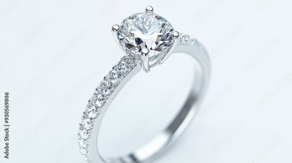 Poster Close-up of a diamond engagement ring on a white background, capturing the fine details of the setting and the sparkling gem.
