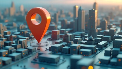 Geofencing Technology in Urban Areas - Stylized City Model with Prominent Geo Pin for Marketing, Security, and Logistics