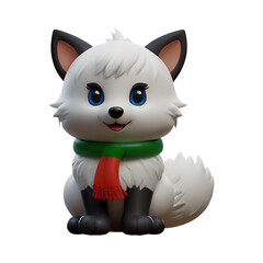 A chibi 3D Snow Fox with a large head, big eyes, and white fur, wearing a Christmas-themed scarf. The background is transparent, making it perfect for Christmas-themed projects.