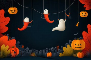 Ghostly trapeze artists performing at a Halloween circus, floating above a haunted crowd, flat design illustration