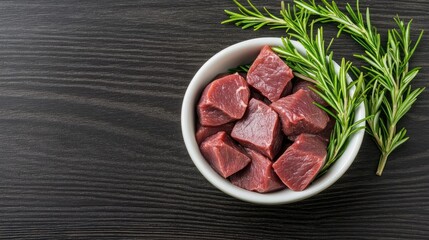Raw chicken livers are arranged in a bowl on a wooden table, accented with rosemary and olive oil, inviting culinary creativity and delicious meal preparation