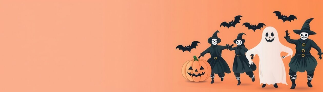 Halloween circus parade with performers in spooky costumes, marching with pumpkins and bats, flat design illustration