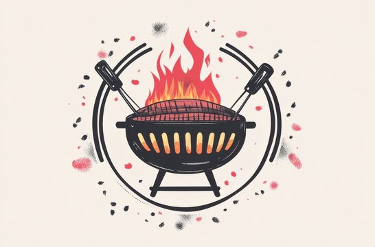 recommend clip art: A logo design featuring an illustration of a grill with tongs and flames, surrounded by circular outlines. Vector graphics with flat colors. The color palette includes shades of red, orange, yellow
