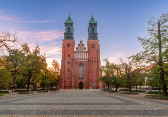Fototapeta premium Cathedral of St. Peter and Paul in Poznan at dawn with Gothic towers in soft morning light.