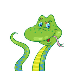 Portrait of cute green snake - symbol of Chinese New Year 2025. Isolated on white background. Vector flat illustration.