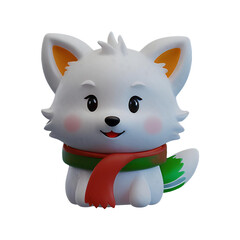 A chibi 3D Snow Fox with a large head, big eyes, and white fur, wearing a Christmas-themed scarf. The background is transparent, making it perfect for Christmas-themed projects.
