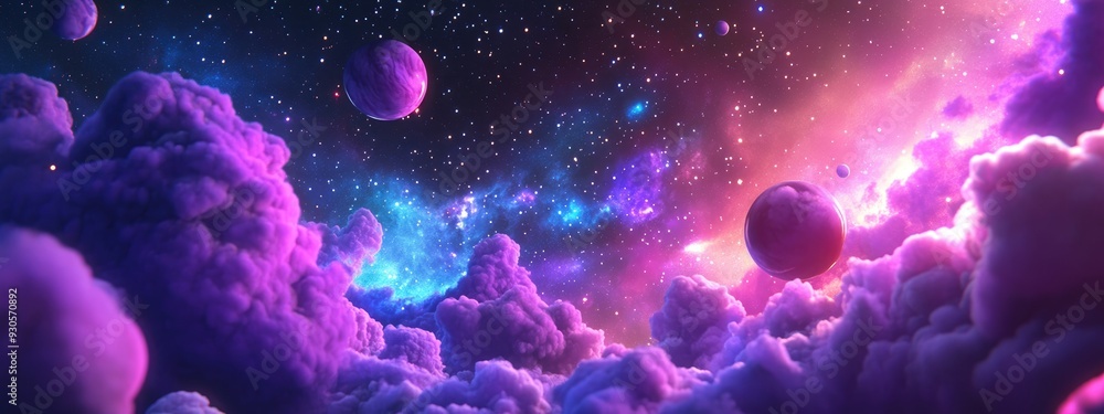 Poster space scene featuring a 3d cartoon rendering of a galaxy nebula and a panorama of stars in the unive
