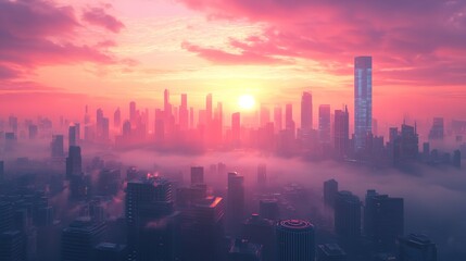 Obraz premium Panoramic View of Futuristic City with High Rise Buildings and Flying Cars at Dawn