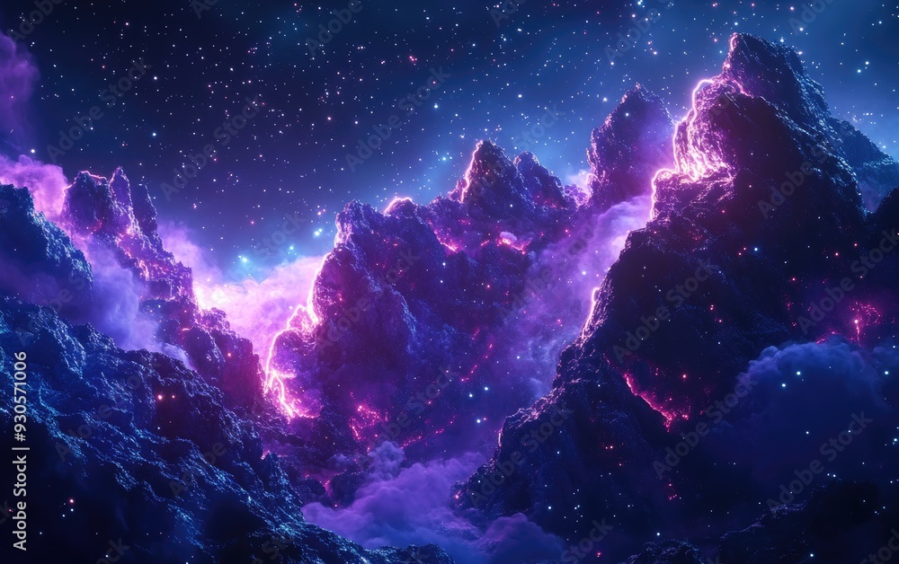 Poster space background featuring a realistic nebula and shining stars depicted in 3d cartoon rendering col