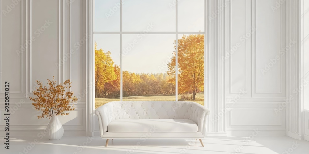 Poster stylish white room featuring a sofa and a view of autumn landscape through the window in a scandinav