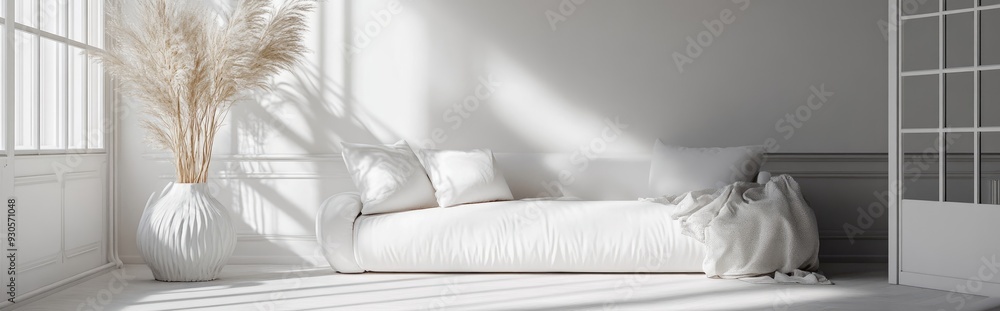 Poster stylish white room featuring a sofa in a scandinavian interior design style 3d rendering