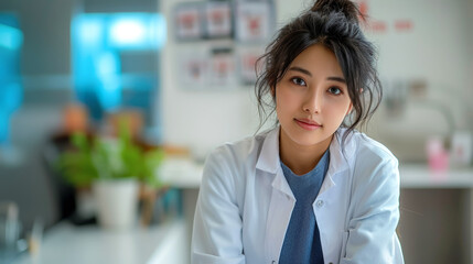 Young doctor intern in the lobby of dental clinic, beginning of internship of young specialist, healthcare and dental prosthetics concept, improving quality of life