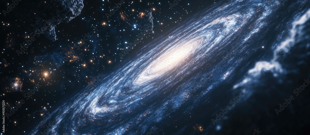 Poster view from space of a spiral galaxy and stars in a 3d cartoon rendering showcasing a universe filled 