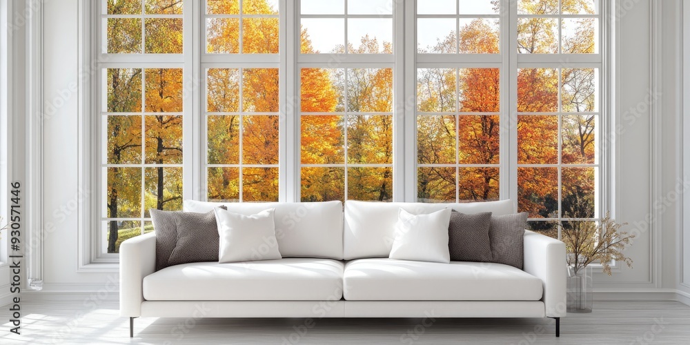 Poster stylish white room featuring a sofa and a view of autumn landscape through the window in a scandinav