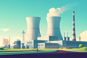 A detailed illustration of a nuclear power plant with cooling towers and reactor buildings prominently displayed