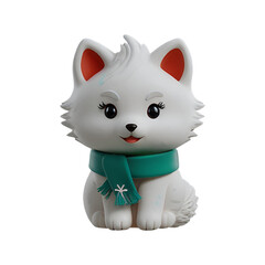 A chibi 3D Snow Fox with a large head, big eyes, and white fur, wearing a Christmas-themed scarf. The background is transparent, making it perfect for Christmas-themed projects.